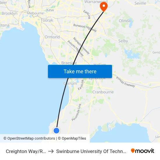 Creighton Way/Racecourse Rd to Swinburne University Of Technology - Croydon Campus map