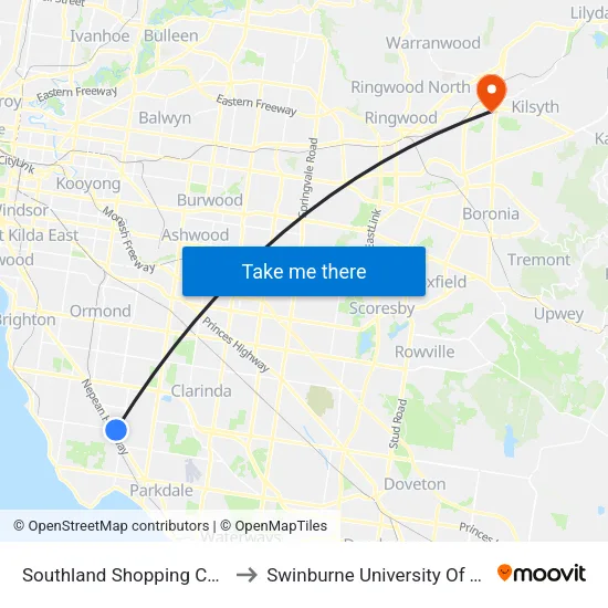 Southland Shopping Centre/Karen St to Swinburne University Of Technology - Croydon Campus map