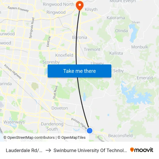 Lauderdale Rd/Princes Hwy to Swinburne University Of Technology - Croydon Campus map