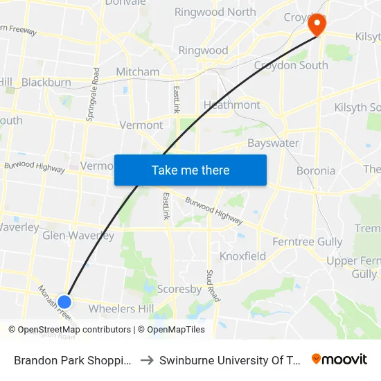 Brandon Park Shopping Centre/Springvale Rd to Swinburne University Of Technology - Croydon Campus map