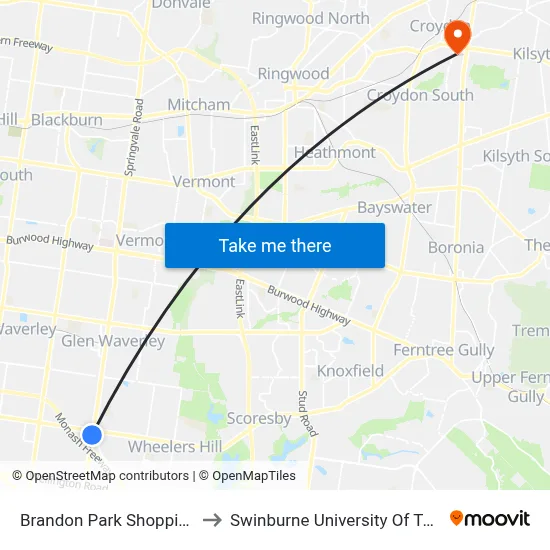 Brandon Park Shopping Centre/Springvale Rd to Swinburne University Of Technology - Croydon Campus map