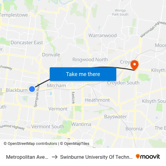 Metropolitan Ave/Whitehorse Rd to Swinburne University Of Technology - Croydon Campus map