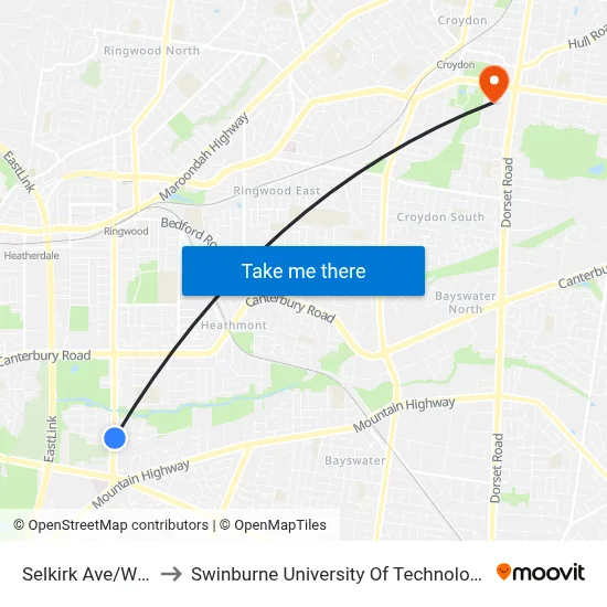 Selkirk Ave/Wantirna Rd to Swinburne University Of Technology - Croydon Campus map