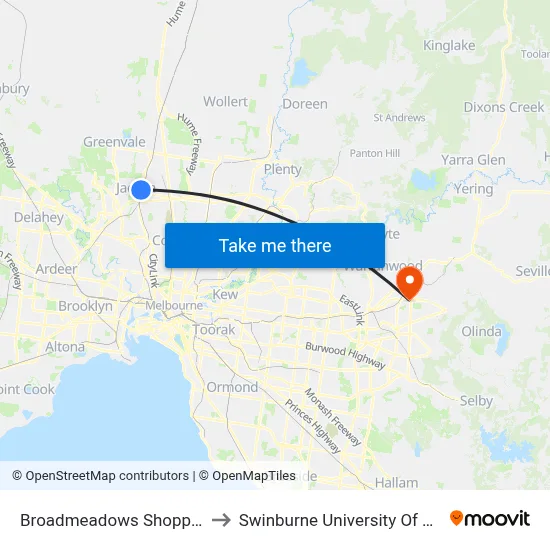 Broadmeadows Shopping Centre/Tanderrum Way to Swinburne University Of Technology - Croydon Campus map