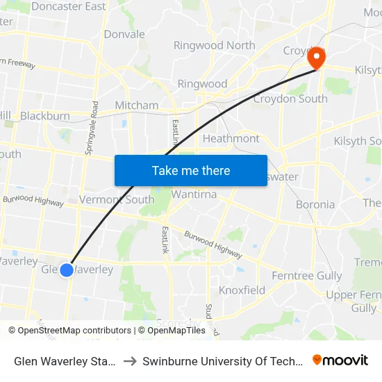 Glen Waverley Station/Railway Pde to Swinburne University Of Technology - Croydon Campus map