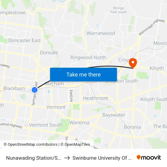 Nunawading Station/Springvale Rd to Swinburne University Of Technology - Croydon Campus map