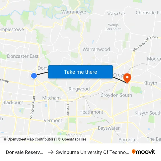 Donvale Reserve/Mitcham Rd to Swinburne University Of Technology - Croydon Campus map