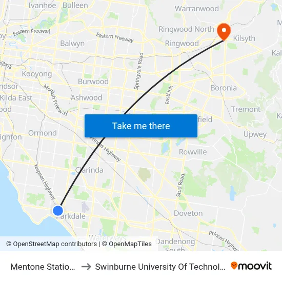 Mentone Station/Como Pde to Swinburne University Of Technology - Croydon Campus map
