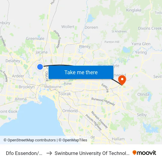 Dfo Essendon/Perimeter Rd to Swinburne University Of Technology - Croydon Campus map