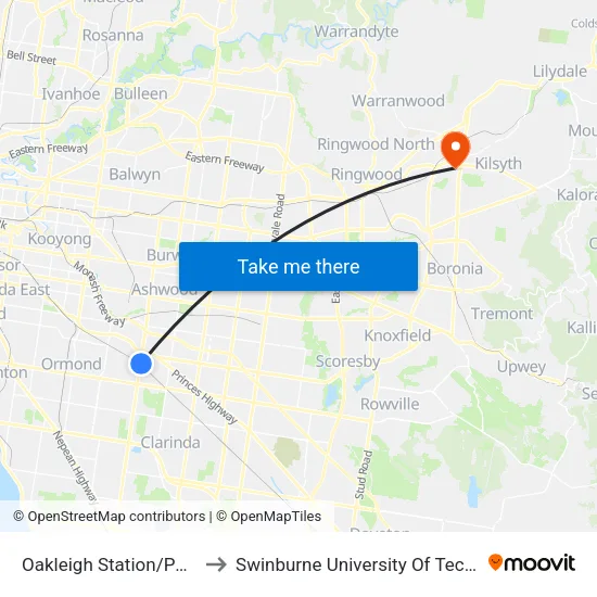 Oakleigh Station/Portman St to Swinburne University Of Technology - Croydon Campus map