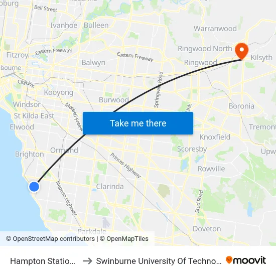 Hampton Station/Hampton St to Swinburne University Of Technology - Croydon Campus map