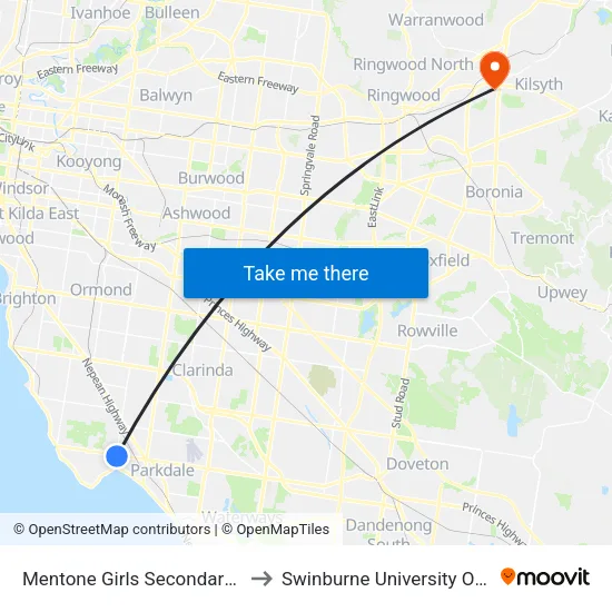 Mentone Girls Secondary College/Charman Rd to Swinburne University Of Technology - Croydon Campus map