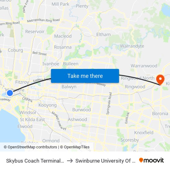 Skybus Coach Terminal/Spencer St (Melbourne City) to Swinburne University Of Technology - Croydon Campus map