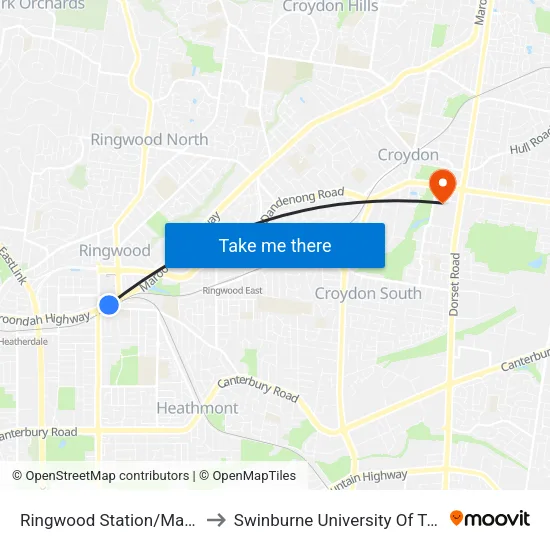 Ringwood Station/Maroondah Hwy to Swinburne University Of Technology - Croydon Campus map