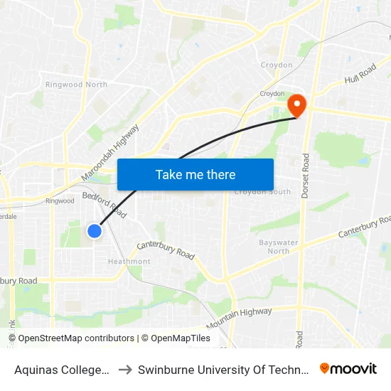 Aquinas College/Great Ryrie St to Swinburne University Of Technology - Croydon Campus map