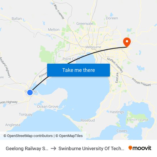 Geelong Railway Station (Geelong) to Swinburne University Of Technology - Croydon Campus map
