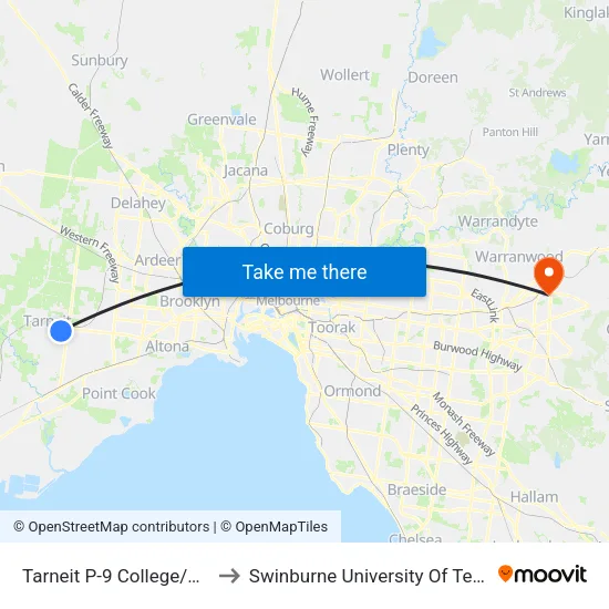 Tarneit P-9 College/Crossway Ave to Swinburne University Of Technology - Croydon Campus map