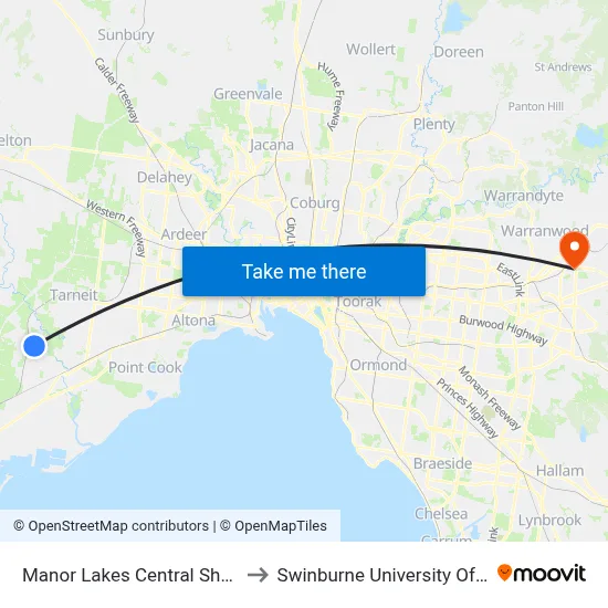 Manor Lakes Central Shopping Centre/Manor Lakes Bvd to Swinburne University Of Technology - Croydon Campus map