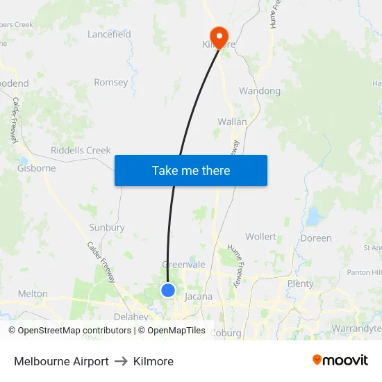 Melbourne Airport to Kilmore map