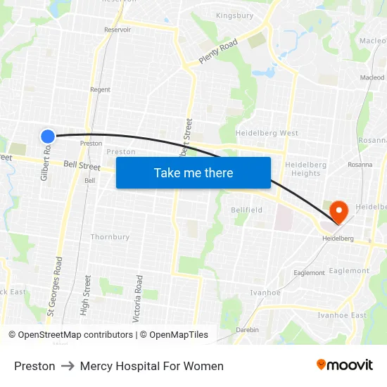 Preston to Mercy Hospital For Women map