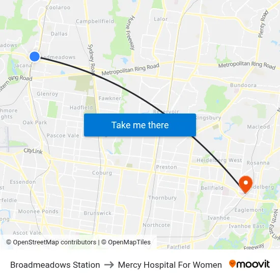 Broadmeadows Station to Mercy Hospital For Women map
