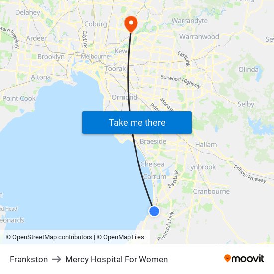 Frankston to Mercy Hospital For Women map