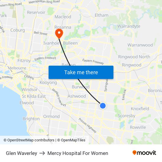 Glen Waverley to Mercy Hospital For Women map