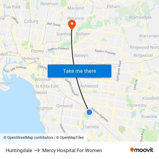 Huntingdale to Mercy Hospital For Women map