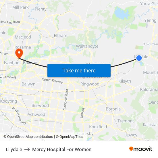 Lilydale to Mercy Hospital For Women map