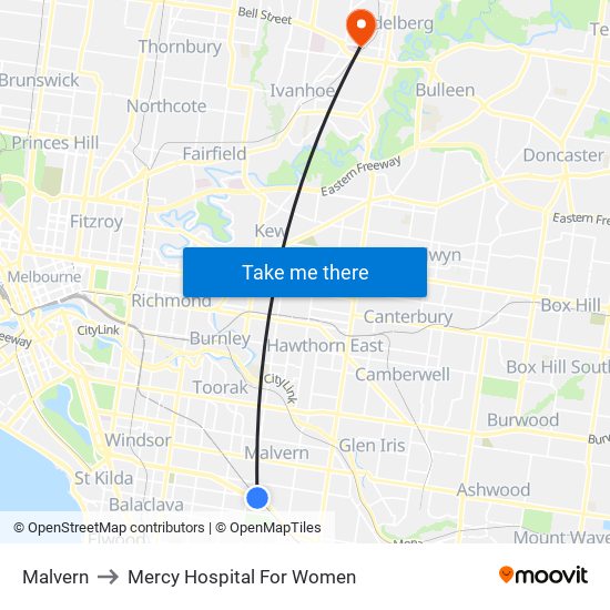 Malvern to Mercy Hospital For Women map