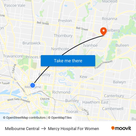 Melbourne Central to Mercy Hospital For Women map