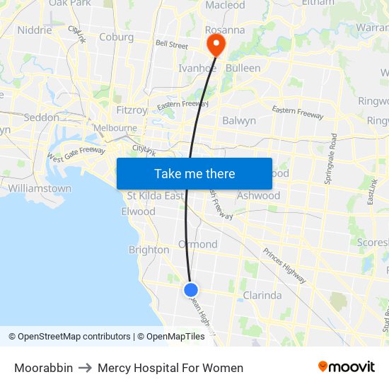 Moorabbin to Mercy Hospital For Women map