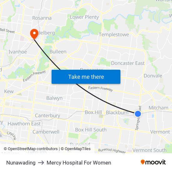 Nunawading to Mercy Hospital For Women map