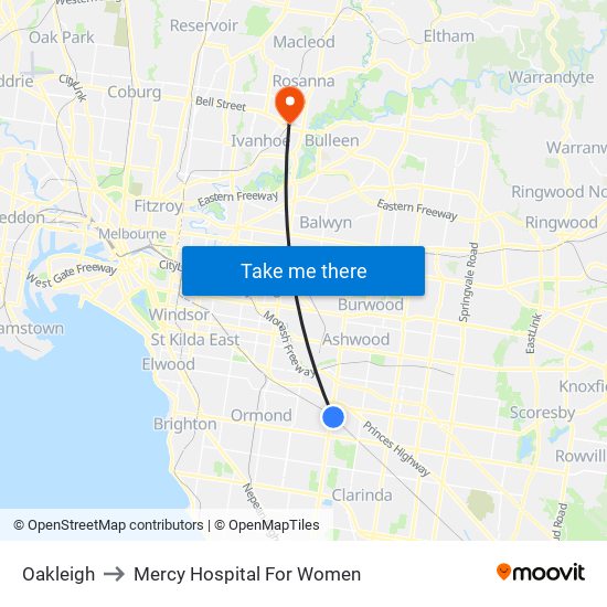 Oakleigh to Mercy Hospital For Women map