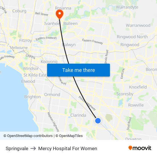 Springvale to Mercy Hospital For Women map