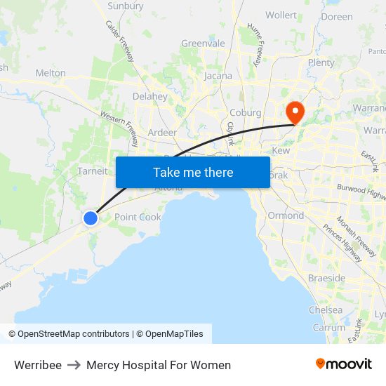 Werribee to Mercy Hospital For Women map
