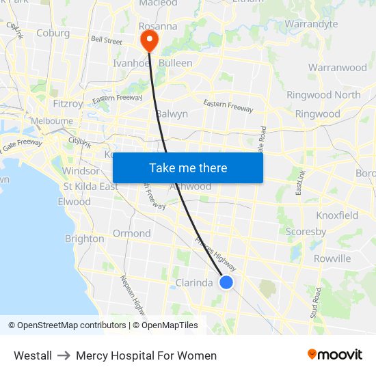 Westall to Mercy Hospital For Women map