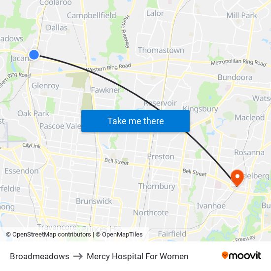 Broadmeadows to Mercy Hospital For Women map