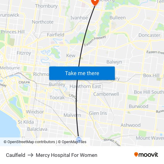 Caulfield to Mercy Hospital For Women map