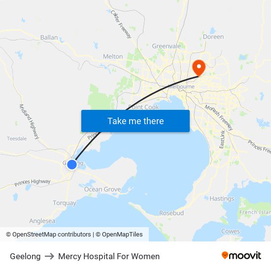 Geelong to Mercy Hospital For Women map