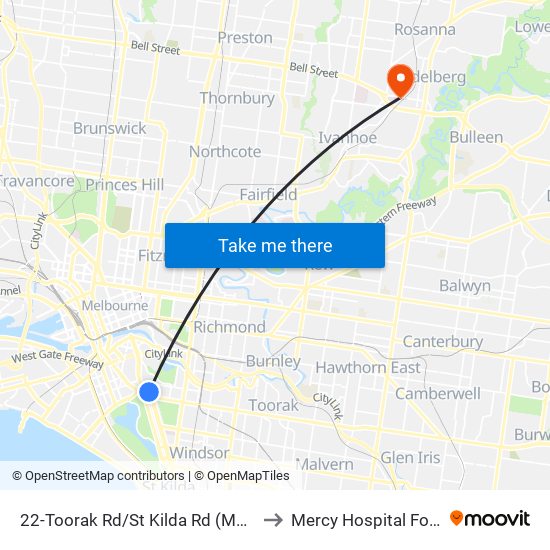 22-Toorak Rd/St Kilda Rd (Melbourne City) to Mercy Hospital For Women map