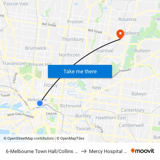 6-Melbourne Town Hall/Collins St (Melbourne City) to Mercy Hospital For Women map