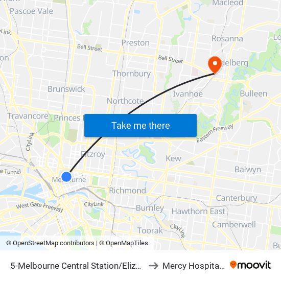 5-Melbourne Central Station/Elizabeth St (Melbourne City) to Mercy Hospital For Women map