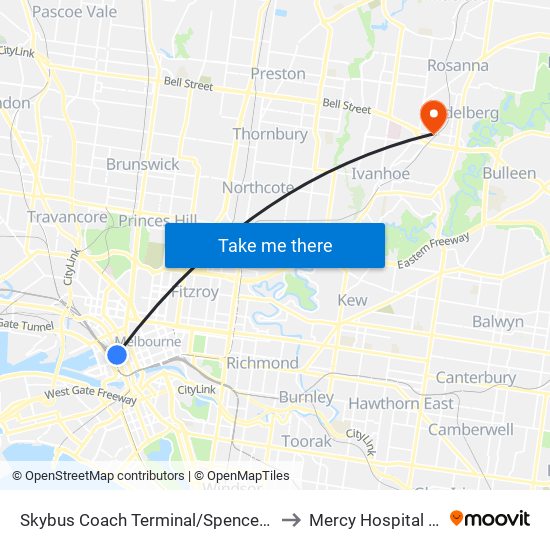 Skybus Coach Terminal/Spencer St (Melbourne City) to Mercy Hospital For Women map