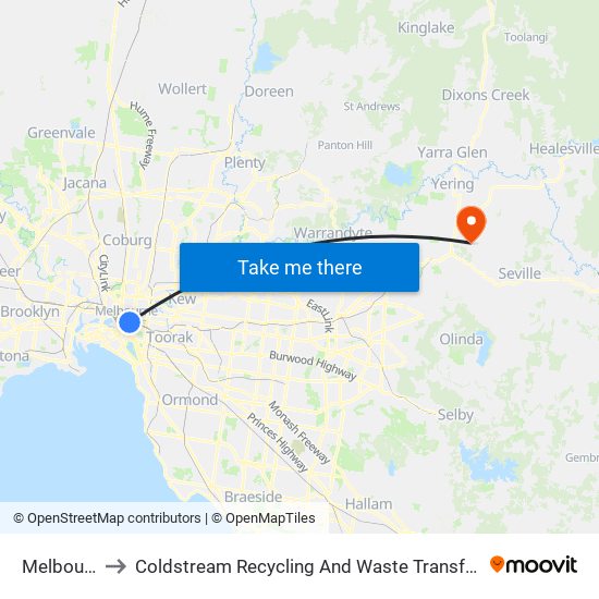 Melbourne to Coldstream Recycling And Waste Transfer Station map
