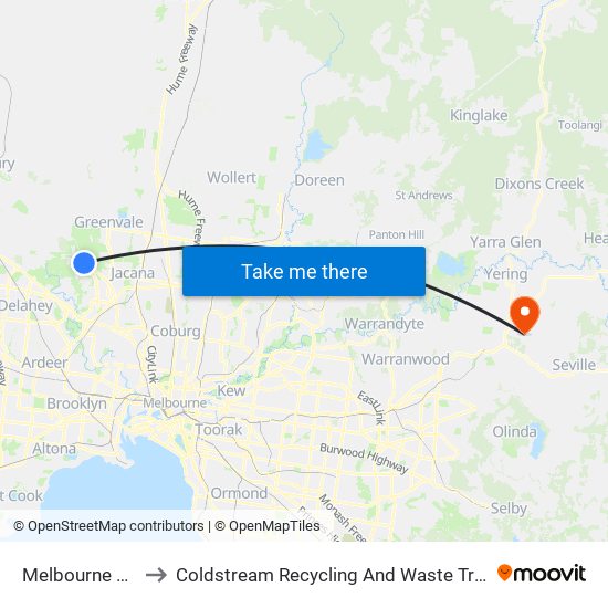 Melbourne Airport to Coldstream Recycling And Waste Transfer Station map