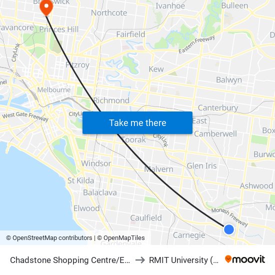 Chadstone Shopping Centre/Eastern Access Rd (Malvern East) to RMIT University (Brunswick Campus) map