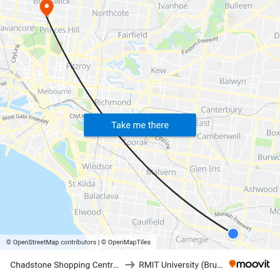 Chadstone Shopping Centre/Eastern Access Rd to RMIT University (Brunswick Campus) map