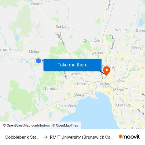 Cobblebank Station to RMIT University (Brunswick Campus) map
