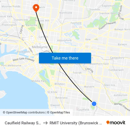 Caulfield Railway Station to RMIT University (Brunswick Campus) map
